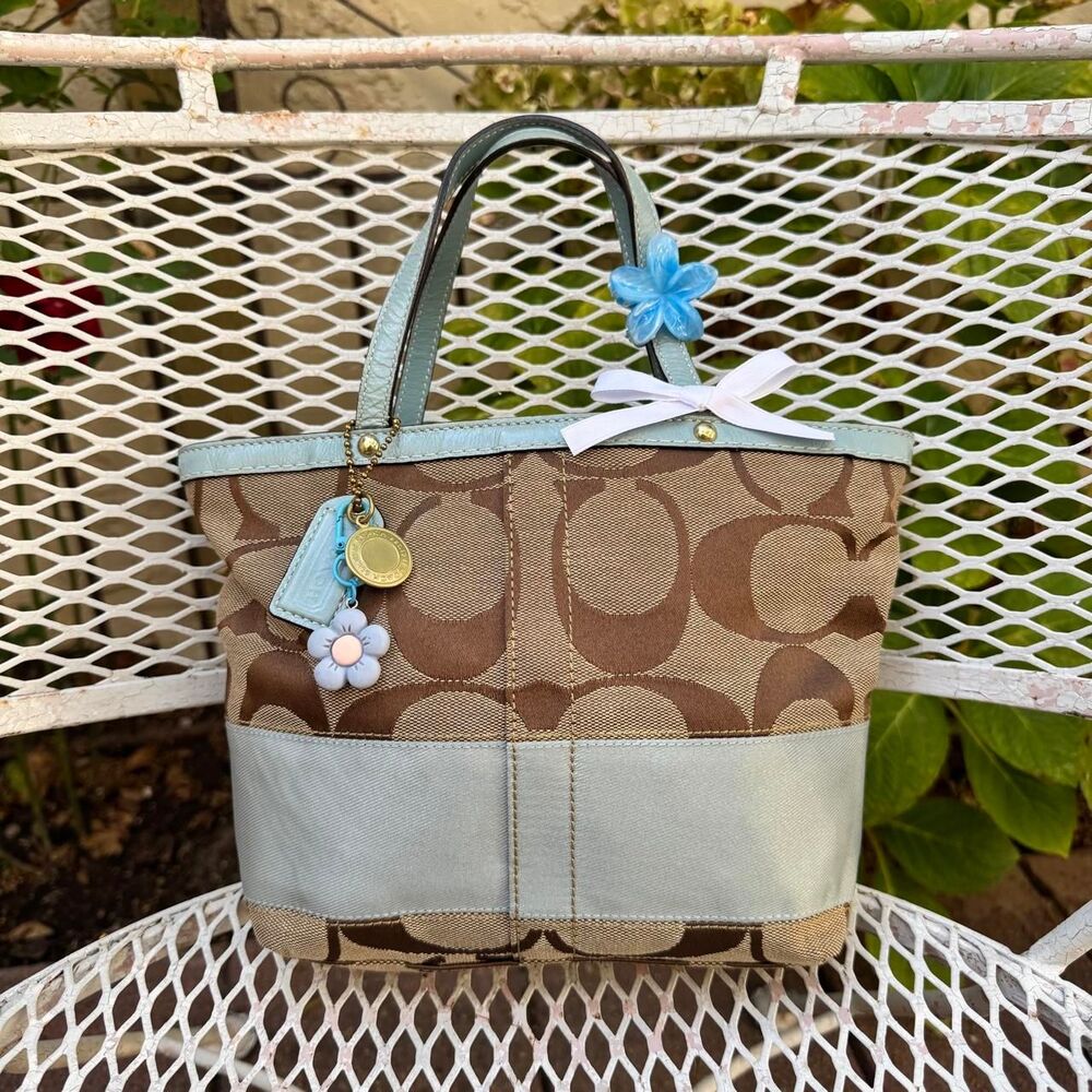 Rare Mini Monogrammed with Baby Blue Stripe Coach Tote